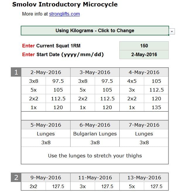 Smolov Introductory cycle 150kg example